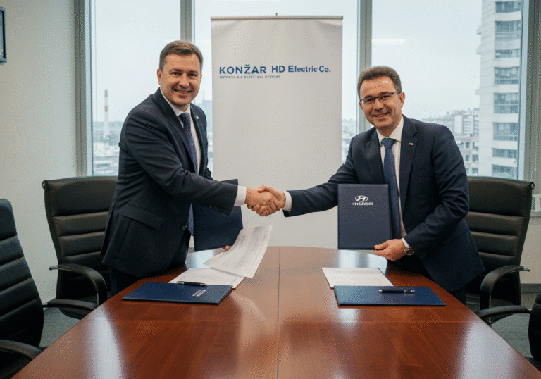 Two professional executives, one representing Croatian company Končar – Motors and Electrical Systems, and another representing South Korean company HD Hyundai Electric Co., shaking hands across a polished conference table after signing a significant business contract. The table is neatly arranged with official-looking documents and pens. The setting is a modern, well-lit corporate conference room with large windows allowing natural light to enter during daytime. Both individuals are dressed in business suits, with confident and professional expressions, conveying a sense of successful partnership and a major business achievement.