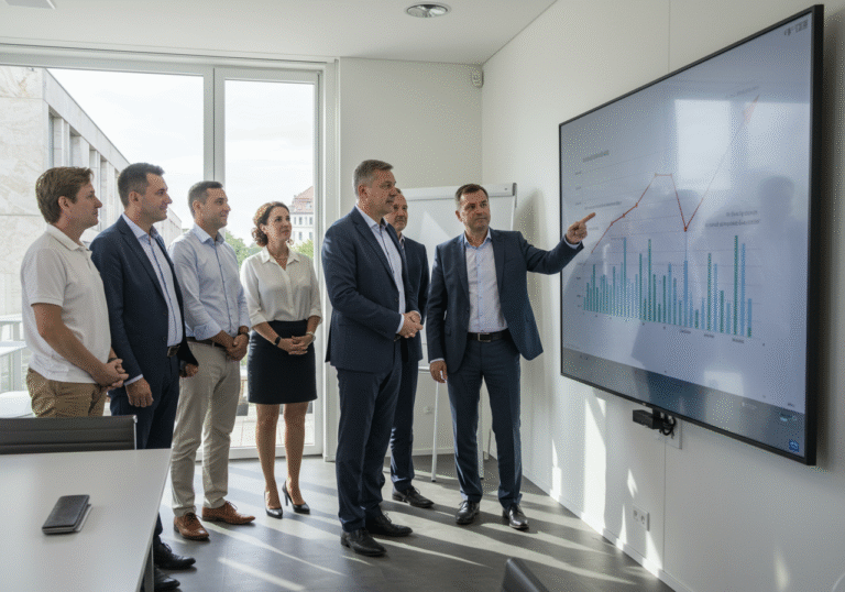 A group of confident Končar Group executives, appearing professional and optimistic, are gathered in a modern, sunlit boardroom in Zagreb, Croatia. One executive, mid-fifties, wearing a dark suit, gestures towards a large, sleek display screen on the wall, which shows abstract, upward-trending financial charts. Other executives, male and female, in business attire, stand nearby, some with subtle smiles and nods of approval. The room's minimalist design features subtle Croatian architectural cues, and bright summer daylight streams through large windows, suggesting the July 30th announcement. The overall scene conveys significant financial success and a positive outlook for the company.