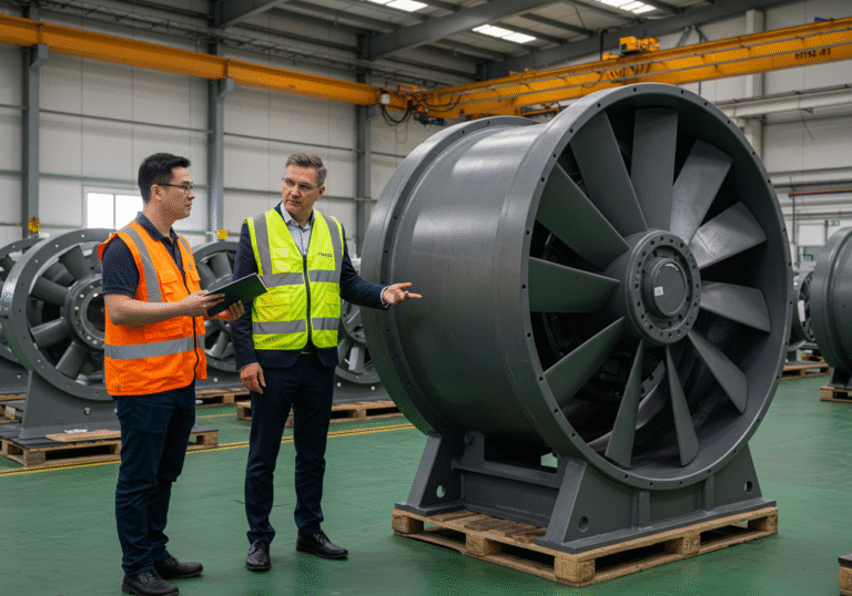 A Croatian and a South Korean engineer, both wearing professional work attire and safety vests, stand beside a large, newly manufactured industrial axial fan on a clean factory floor. They are engaged in a detailed discussion, gesturing towards the fan's robust design. In the background, other similar fans are visible, prepared for shipment, hinting at a large-scale international project. The setting is a bright, modern manufacturing facility, indicative of global industrial collaboration.