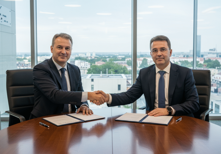 A professional photograph of two male business executives, one Croatian and one South Korean, seated across a modern conference table, formally shaking hands after signing a business agreement. Documents and pens are neatly arranged on the polished table. Both men wear dark business suits and have serious, accomplished expressions. The background is a contemporary corporate office space with large windows, suggesting natural daylight. The image conveys a significant international partnership between Končar and Hyundai Electric for industrial equipment.