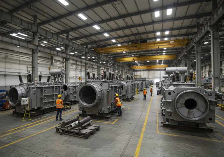 A wide, realistic shot inside a vast, well-lit modern industrial manufacturing facility in Sesvetski Kraljevec, near Zagreb, Croatia. Several large, customized transformer tanks are prominent in the foreground and midground, some partially assembled, showcasing their robust metallic structures. A few industrial workers in safety helmets and high-visibility vests are visible in the background, observing or moving equipment, providing a sense of scale within the clean, organized factory space. Bright, even industrial lighting illuminates the entire scene, emphasizing the precision engineering and industrial scale.