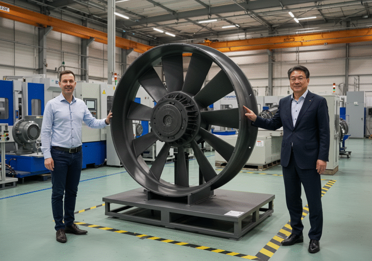 A Croatian engineer from Končar – Motori i električni sustavi (MES) and a South Korean executive from HD Hyundai Electric Co. stand in a modern, well-lit industrial facility in Croatia. Between them, a large, robust axial fan is displayed on an elevated platform, showcasing its heavy-duty construction and industrial finish. Both individuals are dressed in business casual attire, looking towards the fan with satisfied expressions, symbolizing a successful partnership. The background shows glimpses of advanced machinery or testing equipment, indicating a manufacturing environment. Soft, even lighting illuminates the scene.