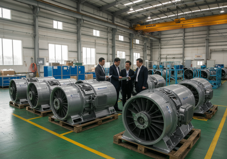 An editorial-style photograph inside a large, modern industrial facility in South Korea. Several robust, industrial-grade axial fans, designed for extreme coastal conditions with C5 corrosion protection and IP66 mechanical resistance, are neatly arranged, appearing ready for shipment. In the mid-ground, a small group of professionals in business casual attire, including representatives from Croatian company Končar – Motori i električni sustavi and South Korean company HD Hyundai Electric Co., are engaged in a professional discussion, perhaps gesturing towards the fans or reviewing documents. The scene is well-lit by natural light streaming through large windows and overhead industrial lighting, highlighting the scale and precision of the operation, conveying a sense of international business collaboration and industrial efficiency.