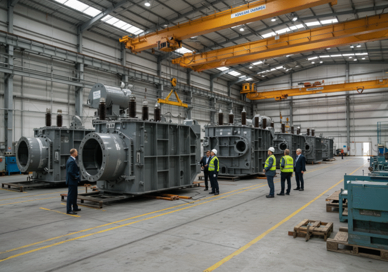 A wide, bright editorial shot inside a newly expanded, modern industrial facility at Končar's production site in Sesvetski Kraljevec, near Zagreb, Croatia. Several large, newly fabricated steel housings for power transformers are visible on a clean factory floor, some being moved by heavy-duty overhead cranes. Engineers and a few Končar and Siemens Energy representatives in professional industrial attire are observing the massive components with focused expressions. The high-ceilinged space is well-lit, showcasing advanced manufacturing equipment and a sense of large-scale production, indicative of a significant capital investment in Croatian industry and global energy infrastructure.