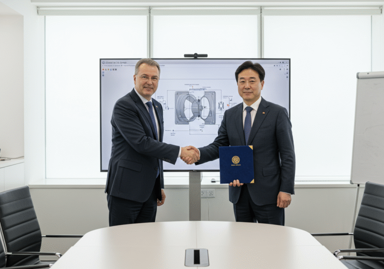 A Croatian business executive and a South Korean business executive, both professionally dressed in dark suits, shake hands with a respectful gesture across a sleek, modern conference table. Behind them, a large monitor discreetly displays a technical schematic of an industrial axial fan. The bright, natural light from a window illuminates the room, creating a crisp, editorial style. The setting conveys a significant international business agreement between a Croatian manufacturing group and a South Korean company.