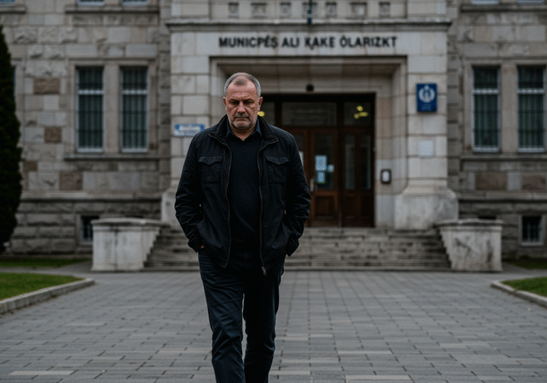 A 53-year-old man, dressed in a dark, understated jacket and trousers, walks with a somber and reflective expression on the pavement outside the Municipal Court building in Koprivnica, Croatia. The late afternoon light is soft and diffused under an overcast sky, casting a muted glow on the stone facade of the Central European-style courthouse. The man's hands are casually in his pockets as he looks down, deep in thought.