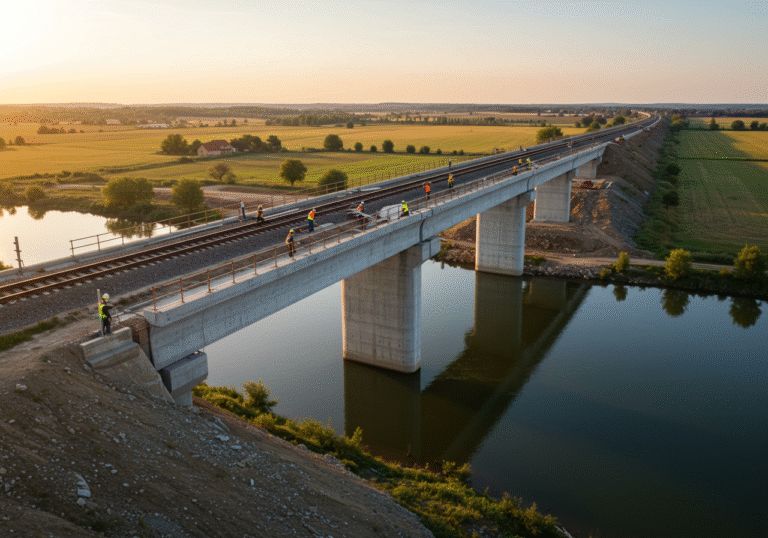 A wide, realistic outdoor shot of a modern concrete viaduct in its final phase of construction in eastern Croatia, stretching over active railway tracks and a calm river. A small group of construction workers in bright safety vests and hard hats are visible on the viaduct deck, performing finishing work or final inspections. The scene is illuminated by the warm, golden light of the late afternoon sun under a clear sky, highlighting the large structure. The surrounding landscape features flat agricultural fields and scattered trees, characteristic of the Osijek-Baranja region.