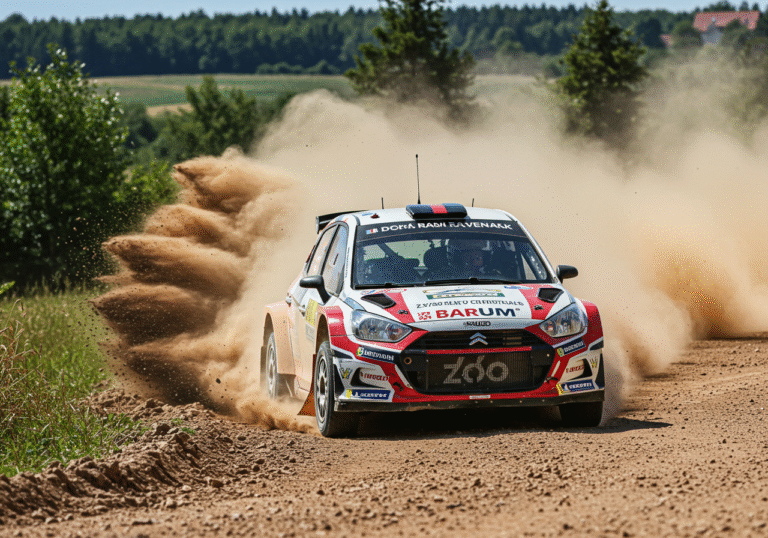 Croatian rally driver Martin Ravenščak, helmeted and in racing gear, intensely focused as he steers his FIA ERC3 rally car, having gone slightly off the dusty gravel track on the Halenkovice stage of the Barum Czech Rally Zlín. The car is partially obscured by a cloud of dust and loose gravel, with green foliage of the rural Czech landscape in the background under a clear, bright August sky. The scene captures the challenging moment of a vehicle navigating difficult terrain, with the driver's determined expression visible through the visor.