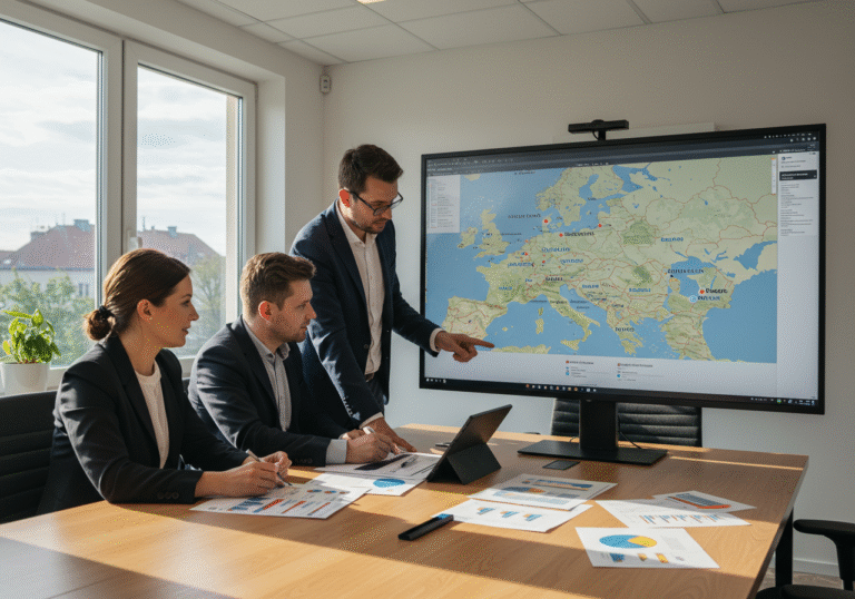 Inside a modern, sunlit corporate office in Zagreb, Croatia. A group of three business professionals, two men and one woman, are gathered around a large table, engaged in a discussion. One person points to a detailed digital map of Central Europe displayed on a large screen or tablet, showing key cities like Munich, Prague, and Bratislava highlighted. Financial charts and bond documents are spread on the table. The individuals, dressed in business attire, appear focused and determined, reflecting a strategic planning meeting for the company's expansion. Natural daylight streams through large windows.