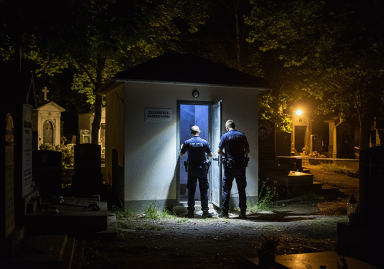 Late night, humid August air, Đakovo, Croatia. Two uniformed Croatian police officers are at a solemn, older cemetery. One officer is meticulously examining a damaged doorframe and lock of a standalone mortuary building, which shows clear signs of forced entry. The other officer stands nearby, observing the scene. Strong, focused beams from their flashlights cut through the darkness, illuminating the immediate area of the damaged entrance. Subtle, diffuse ambient light from distant cemetery lampposts casts long shadows across the graves and paths. The scene is quiet, emphasizing the gravity of the investigation.