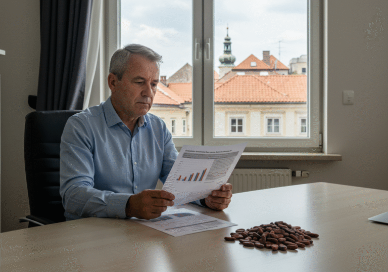 A pensive senior executive, dressed in professional business attire, sits at a modern desk in a well-lit office in Zagreb, Croatia. Sunlight streams through a large window, offering a soft focus view of urban Zagreb buildings and red tile rooftops outside. The executive holds a printout of a financial report, looking down at the figures with a concerned expression. On the desk, near the report, a small, prominent pile of rich brown cocoa beans is visible, symbolizing the rising commodity prices affecting the confectionery company. The scene conveys a sense of quiet challenge and financial strain during a summer day.