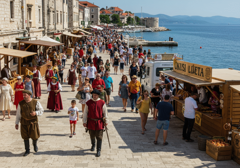 A vibrant, sunlit daytime scene at the 501st Krk Fair (Lovrečeva) in Krk, Croatia, during August. Large crowds of diverse visitors, including families and international tourists, are exploring the historic Kamplin square and the Krčka riva promenade. People dressed in authentic medieval costumes, reminiscent of the Frankopan era, are interacting with modern attendees. Numerous open-air stalls line the stone pathways, where local artisans display traditional crafts and regional products. Near the Ribarski Mul (fishing pier), the 'Okusi Ljeta' (Flavors of Summer) zone is bustling, with visitors enjoying Croatian delicacies such as golden-brown fritters and local drinks from a Thomas Henry truck, with the azure Adriatic Sea in the background. The atmosphere is festive and lively, reflecting centuries of tradition.