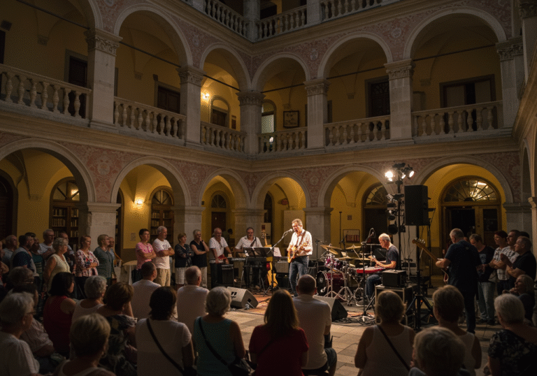 A live blues and rock band performing on an outdoor stage in the historic atrium of the Franjo Marković City Library in Križevci, Croatia, during a late summer evening. The scene is illuminated by warm ambient stage lights, casting a glow on the Croatian musicians playing guitars, drums, and bass. A diverse Croatian audience, with relaxed and engaged expressions, is enjoying the free concert, some standing and swaying, others seated, surrounded by the architectural details of the old building. The atmosphere is intimate and vibrant.