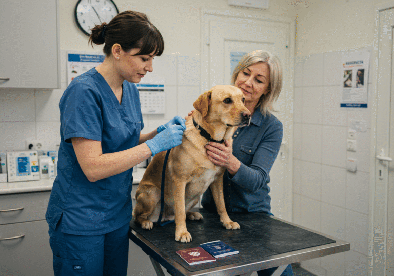A Croatian dog owner, a middle-aged woman, sits calmly with her medium-sized, well-groomed dog on an examination table inside a brightly lit veterinary clinic in Križevci, Croatia. A female Croatian veterinarian, dressed in professional blue scrubs, gently prepares to inject a microchip into the dog's scruff. The dog, a calm Labrador mix, looks curious rather than distressed. Soft natural light illuminates the clean, modern clinic interior. On a nearby counter, a stack of dog passport booklets is visible. The owner watches attentively with a relaxed, trusting expression.