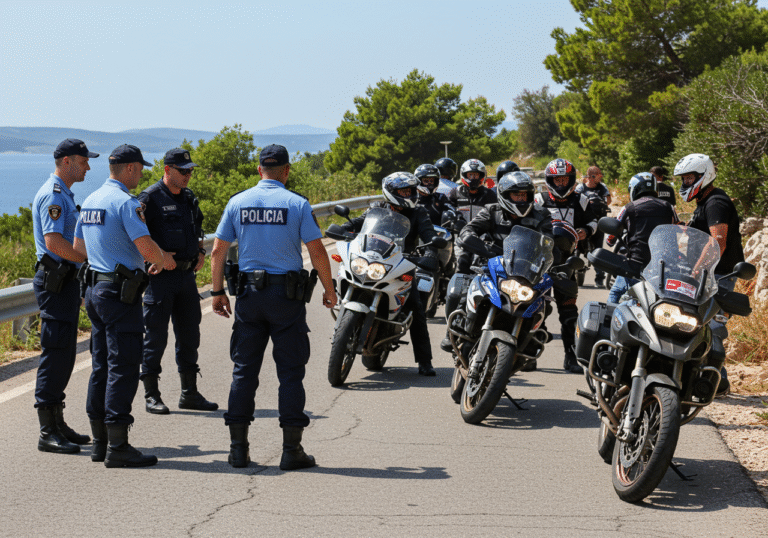Croatian police officers in blue uniforms interact with a group of twelve Austrian motorcyclists and their motorcycles on an asphalt road on Krk island, Croatia, on a sunny summer day. One of the motorcyclists is seen attempting to pull away and flee, creating a tense moment, as police officers observe. The background features typical green Croatian island vegetation and a glimpse of the Adriatic Sea under a clear blue sky. Editorial photo, natural daylight.