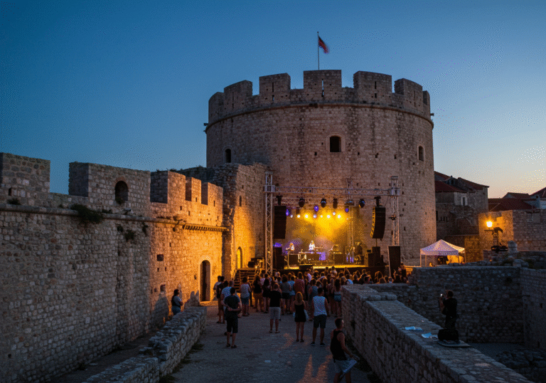 Evening shot of the historic Kamerlengo Fortress in Trogir, Croatia. The ancient stone walls are bathed in the warm glow of professional stage lighting, casting long shadows as dusk settles. The sky above is a gradient of deep twilight blues and purples. A small crowd of excited festival-goers gathers near the entrance of the fortress, some holding tickets, their faces reflecting anticipation for the rescheduled KulaKula Festival featuring Baby Lasagna and S.A.R.S. The atmosphere is vibrant with the promise of music.