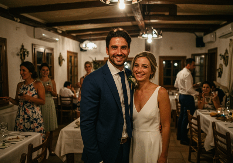 Jagoda Kumrić in a white wedding dress and Konstantin Haag in a suit, smiling warmly and embracing inside a rustically decorated restaurant at Hotel Balatura in Croatia. Soft, warm natural light illuminates the intimate setting, highlighting wooden beams and subtle floral arrangements. The atmosphere is relaxed and joyful, with glimpses of close family and friends, including Nevena Vukes and Tijana Pečenčić, in the background. The candid moment captures the happy couple during their secret wedding celebration on an early August evening.