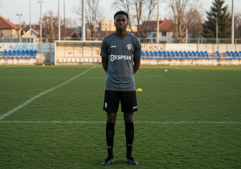 A young, 18-year-old Rodolfo Aloko, a Beninese offensive football player, stands on the well-worn grass pitch of NK Kustošija in Zagreb, Croatia. He is dressed in a simple training kit, with a focused and determined expression on his face, embodying the recent news of his significant transfer. The late afternoon sunlight illuminates the scene, casting long shadows across the modest football ground. In the background, typical Croatian lower-league club facilities, including a small stand and a goalpost, are visible under a clear, bright sky. The atmosphere is quiet, highlighting the player in his current environment.