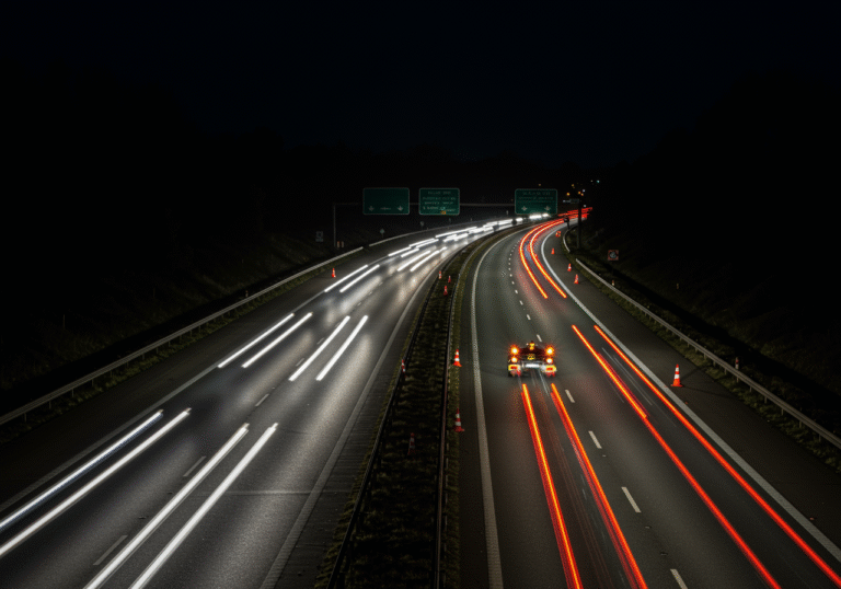A late-night view on the A1 highway in Croatia, southbound towards Dubrovnik, between the Zadar Centar and Zadar Istok interchanges. Headlights and taillights illuminate a section of the highway where traffic is moving slowly. Temporary orange traffic cones and flashing amber lights guide vehicles into two open lanes. The dark asphalt reflects the vehicle lights, with the highway stretching into the shadowed Croatian landscape under a dark sky.