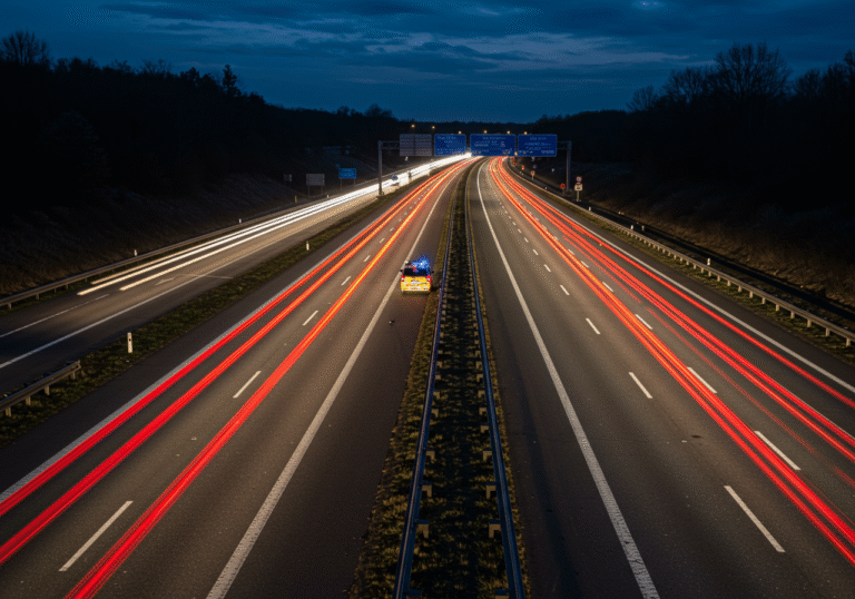 An evening view of the A1 highway in Croatia, specifically the stretch heading towards Zagreb. The scene shows traffic flowing slowly on two lanes, with a disabled vehicle on the roadside or partially blocking a lane. Flashing emergency lights from a support vehicle or police car illuminate the area. The asphalt is dry, and the sky is dark with some visible cloud cover. Car taillights create long streaks of red light, indicating the movement and congestion of vehicles on the busy highway.