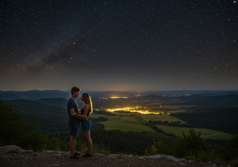 A young couple shares a quiet, intimate moment under a vast, star-filled summer night sky, standing on a scenic overlook at Trški Vrh, looking out over the rolling hills and valleys of Hrvatsko Zagorje. The air is warm, with a gentle breeze, and the distant lights of Krapina twinkle below. Their faces are softly illuminated by ambient starlight, reflecting a sense of youthful love and shared secrets. The landscape features characteristic lush Croatian countryside, evoking a feeling of mystery and nostalgic romance.