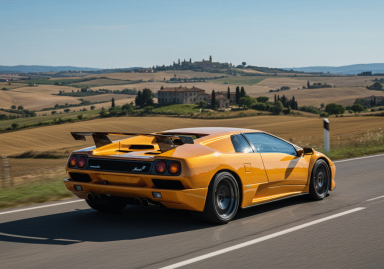 An Eccentrica Lamborghini Diablo, a vibrant and modernized restomod of the iconic 90s supercar, accelerates on a picturesque, sun-drenched road in the Italian countryside. The sleek vehicle, with its carbon fiber-reinforced body and updated design, is captured in motion from a dynamic angle. The scene features classic Italian rolling hills and sparse, traditional architecture under a clear, blue sky, emphasizing its authentic Italian creation and high-performance capabilities.