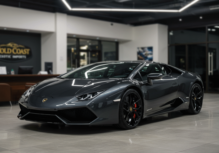 A pristine, dark-colored Lamborghini luxury sports car gleams under bright showroom lights within a spacious, modern Gold Coast Exotic Imports dealership in Illinois, USA. The vehicle is centrally positioned on a polished floor, reflecting the high-end interior. In the soft-focus background, out of direct view, a large desk might hold neatly stacked legal papers, subtly referencing the ongoing contractual dispute. The overall scene conveys opulence mixed with underlying tension, typical of a high-profile corporate legal battle.