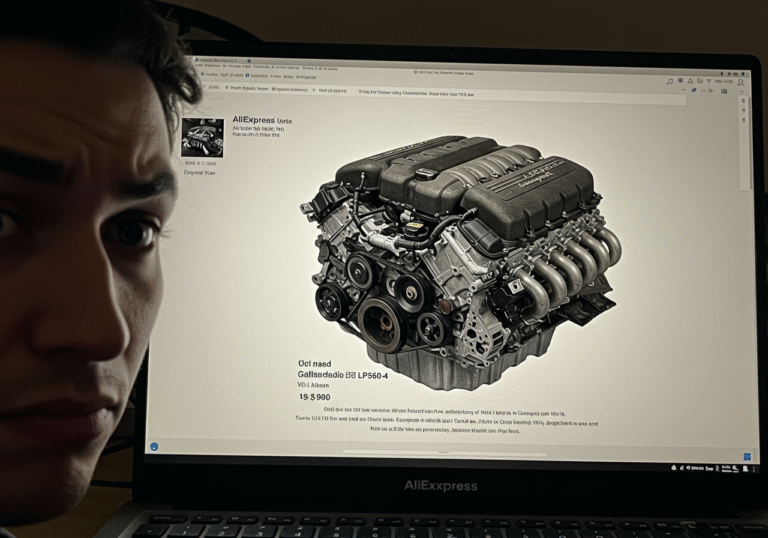 A close-up, editorial-style shot of a laptop screen displaying an AliExpress product page. On the screen, a prominent image of a used Lamborghini Gallardo V10 engine, appearing somewhat dirty or worn, is visible. Below the engine image, details indicating it's for a Gallardo LP560-4 are subtly discernible on the interface, along with a high price tag. A person's face, partially visible and illuminated by the screen's glow, appears in the foreground, their expression showing clear skepticism or bewilderment. The background is a dimly lit, unfocused indoor environment, suggesting a personal setting like a home office.