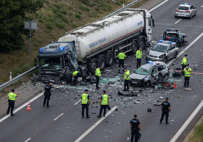 The aftermath of a major chain-collision accident on the A3 highway near Rugvica, Croatia, captured in early afternoon daylight on August 12, 2025. An overturned tanker truck lies across multiple lanes, its massive body severely damaged. Around it, several mangled passenger cars are scattered, some appearing to have collided with the tanker or other vehicles. Croatian police officers are meticulously conducting an investigation across the closed highway section, with yellow police tape and traffic cones visible. Debris, including shattered glass and vehicle parts, litters the asphalt. The damaged highway barrier is visible where the tanker reportedly crashed through it. The scene conveys a sense of tragic disruption on a modern European highway.