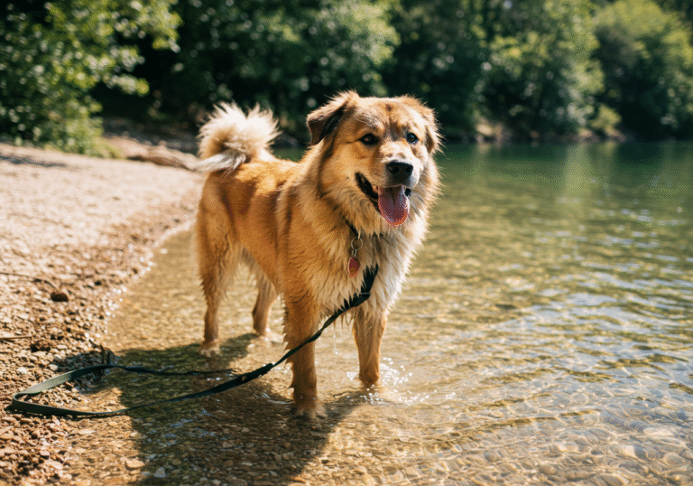 A one-year-old female Tornjak dog named Lara, with a distinctive long coat and a cheerful, hopeful expression, stands at the shallow edge of a clear, sunlit river or lake in a natural park area near Virovitica, Croatia. Her paws are slightly wet from a playful splash, reflecting her love for water. The bright summer daylight illuminates her fur, and a sturdy leash lies loosely on the ground beside her, indicating she is on an outing.