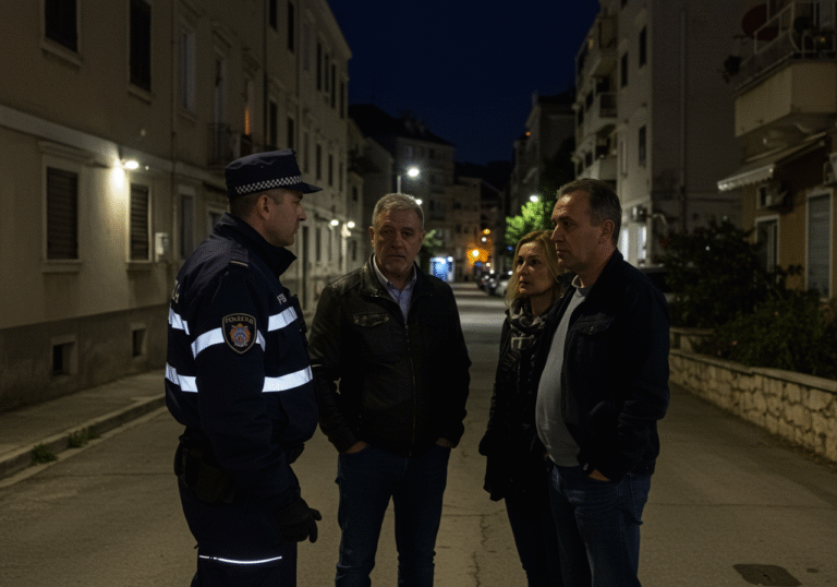 A Croatian police officer in a dark uniform with reflective details stands on a dimly lit residential street in Split, Croatia, at night, engaged in a serious conversation with a man and a woman. The street is lined with apartment buildings, their windows showing scattered lights. It is approximately 10 PM. The expressions on the faces of the officer and the two adults are somber and concerned, conveying a moment of gravity and responsible discussion.
