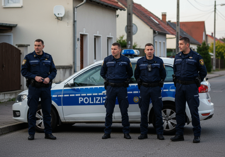 Croatian police officers from Međimurje, wearing dark blue uniforms, stand next to a white and blue marked police vehicle on a residential street in Kuršanec, Međimurje, Croatia, on a clear morning. The officers have serious, professional expressions, appearing to be conducting a field verification or assessment. The architecture of local houses is visible in the background, under natural daylight.
