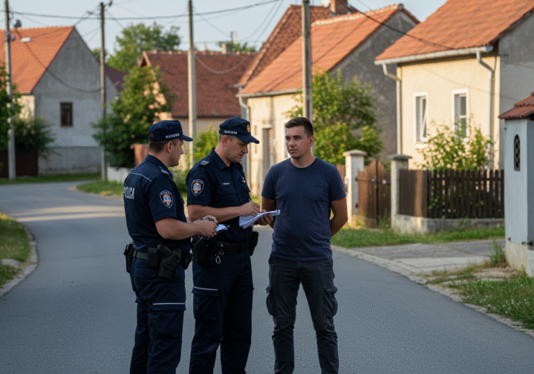 Mid-morning sunlight illuminates a quiet street in the center of Kuršanec, Međimurje County, Croatia, in mid-July. Two Croatian police officers, in dark blue uniforms with visible insignia, are standing on the street, engaging in a focused conversation with a 27-year-old man. The man appears slightly uneasy, while the officers maintain serious, professional expressions. One officer holds a small notepad and pen. Traditional Croatian village houses with red tile roofs and small, well-kept gardens line the background under a clear summer sky.