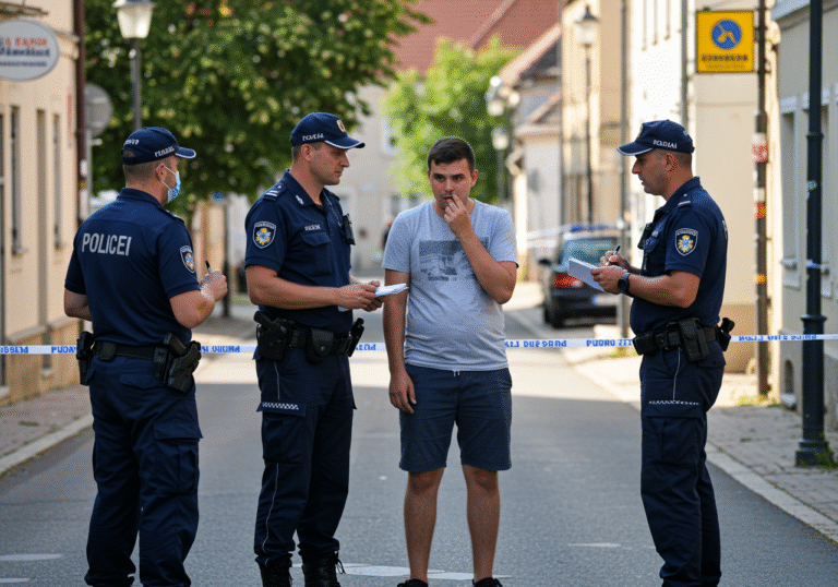 Croatian police officers from the Međimurje County Police Department, in their blue uniforms, interacting with an apprehensive 27-year-old man in casual civilian clothes in the town center of Kuršanec, Croatia, on a bright clear morning on August 6, 2025. One officer is standing near the man while another appears to be taking notes on a pad. The background features typical small-town Croatian buildings and streets, under a clear summer sky. The overall scene reflects a calm, post-incident police investigation.