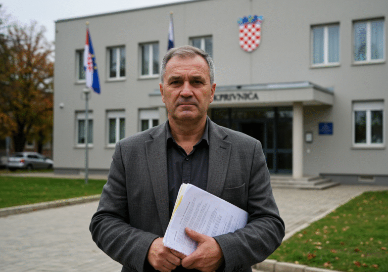 A 53-year-old Croatian man, dressed in a muted suit jacket, stands with a neutral, slightly somber expression, in the foreground of a modern public building with a subtle Croatian flag visible on its facade or nearby, in Koprivnica, Croatia. The lighting is natural, diffused daylight, suggesting an overcast autumn day. He holds a stack of official papers loosely in one hand, hinting at ongoing legal proceedings.