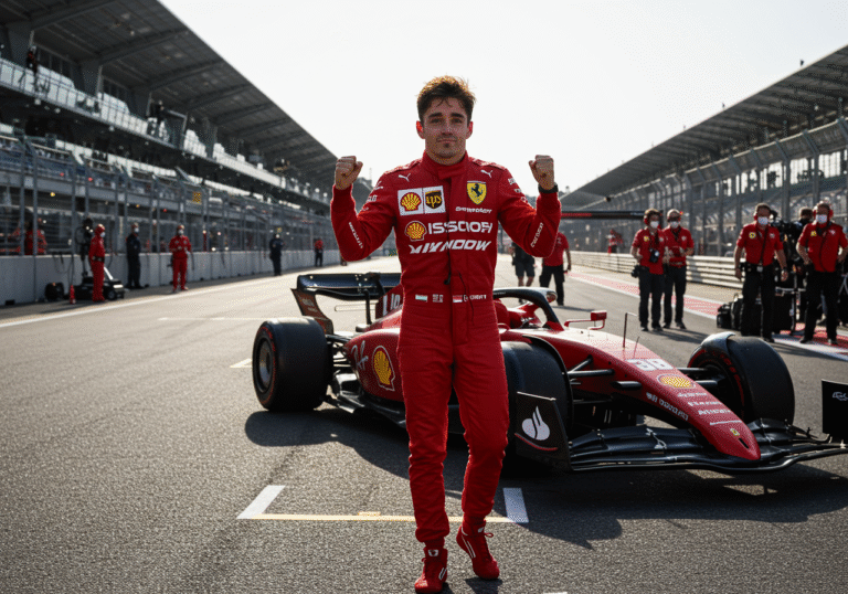 Charles Leclerc, dressed in his red Ferrari team race suit, stands triumphantly beside his Ferrari F1 car in the parc fermé area of the Hungaroring circuit, Hungary, on Saturday, August 2, 2025. He has a visibly surprised yet elated expression, reflecting his unexpected pole position. Late afternoon sun casts dynamic shadows across the asphalt and the car. In the background, trackside officials and pit lane structures are visible. The atmosphere is bustling with team personnel and a hint of the challenging conditions with changing wind and tire management.