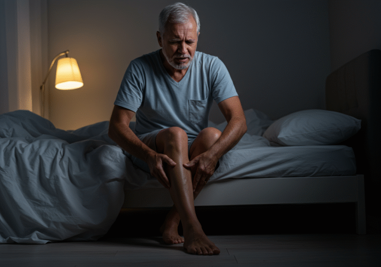 An older adult, male or female, sits up in bed in a dimly lit bedroom during the late night hours. Their face shows a pained expression of discomfort and weariness as they rub their calf muscle, visibly experiencing a painful leg cramp. Soft, ambient light from a bedside lamp illuminates part of the room, casting gentle shadows. The unmade bed shows signs of disturbed sleep. The overall atmosphere is quiet and slightly somber, reflecting the individual's distress.