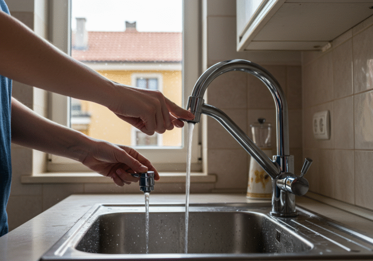 A person's hands turn on a kitchen faucet, letting both hot and cold water run freely into the stainless steel sink. Sunlight streams through an open window in the background, illuminating a subtle mist from the running water and a glimpse of a residential street outside. The kitchen appears recently re-occupied after a summer holiday, with a casual, lived-in feel, conveying a moment of domestic precaution upon returning home from Croatia.