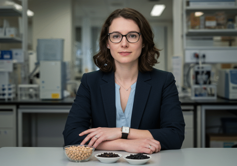 A natural light editorial portrait of Morganne Smith, a doctoral student from the Illinois Institute of Technology. She is in a modern, bright university research lab or a well-lit study area, looking thoughtfully towards the camera. On a clean table in front of her, there are small, simple bowls of dry chickpeas and black beans, subtly emphasizing the study's focus. The background is slightly blurred, hinting at scientific equipment or academic resources, conveying a sense of scholarly work and discovery. The lighting is soft and even, highlighting a serious but approachable atmosphere.