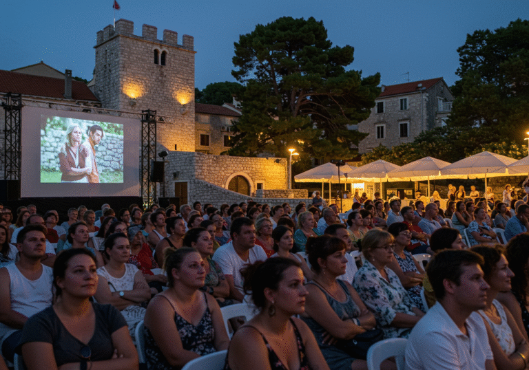 Warm summer evening at the Mala ljetna pozornica, the outdoor Small Summer Stage, in Opatija, Croatia. A diverse audience is seated, their faces subtly illuminated by the soft ambient glow of a film projection. People are intently watching, some with reflective expressions, others quietly engaged. The historic stone architecture and coastal trees of Opatija are visible in the background, lit by warm evening lights. The atmosphere is calm and focused, celebrating Croatian documentary filmmaking.
