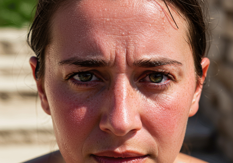 A close-up editorial shot of an individual's face in Croatia during a severe August heatwave. The person's skin is flushed and glistening with sweat, their eyes showing signs of fatigue and discomfort under the intense midday sun. The background is blurred but hints at a typical Mediterranean outdoor environment with bright, sun-baked stone and sparse vegetation. The image conveys the immediate physical toll of extreme temperatures on an individual, highlighting the health warnings issued globally and specifically for Croatia regarding heat-related risks.