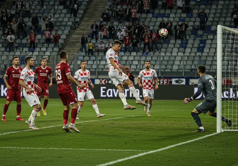 A dramatic scene on the football pitch of Stadion Aldo Drosina in Pula, Croatia, during a late afternoon SuperSport HNL match. In the 94th minute, Lokomotiva player Sušak, wearing his team's jersey, is captured mid-air heading the ball powerfully into the Istra 1961 goal. The opposing goalkeeper and defenders are frozen in disbelief and reaction. In the background, Lokomotiva's bench erupts in an explosion of joy and celebration, contrasting with the stunned, disbelieving faces of Istra 1961 fans in the stadium stands. Golden hour sunlight casts long shadows across the field, highlighting the tension and emotion of the decisive moment.
