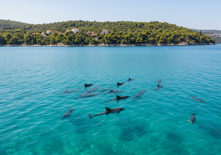 A pod of bottlenose dolphins gracefully swimming in the exceptionally clear, calm turquoise waters off the coast of Lošinj island, Croatia. The sunlight glints on the water's surface, revealing the vibrant blue hues. In the background, the lush, green pine-covered slopes of the Croatian island rise from the sea, indicating the rich flora. The scene captures the unique natural beauty and dedication to marine conservation characteristic of Lošinj on a bright, peaceful Mediterranean day.