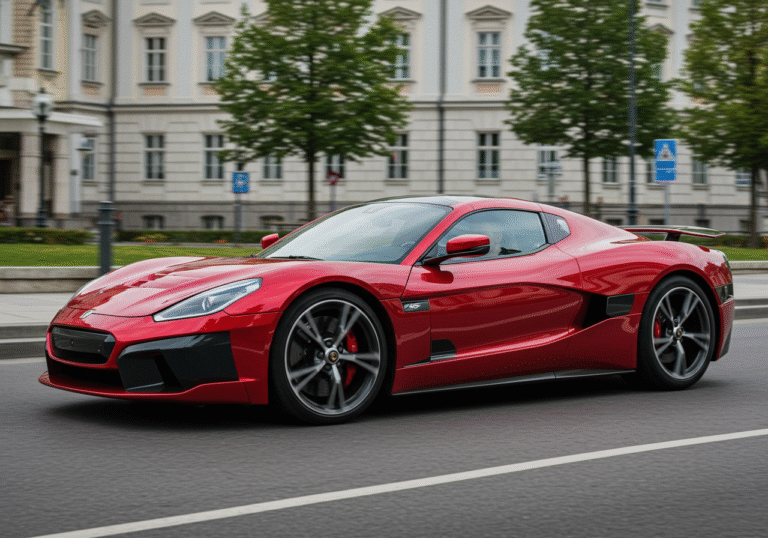 Slovenian basketball star Luka Dončić behind the wheel of a brand new, gleaming red Rimac Nevera electric hypercar, driving through the city streets of Ljubljana, Slovenia. The luxury vehicle is captured in motion, with a subtle blur on the wheels, under bright daytime light, passing historic European architecture in the background. Dončić has a casual, confident expression.