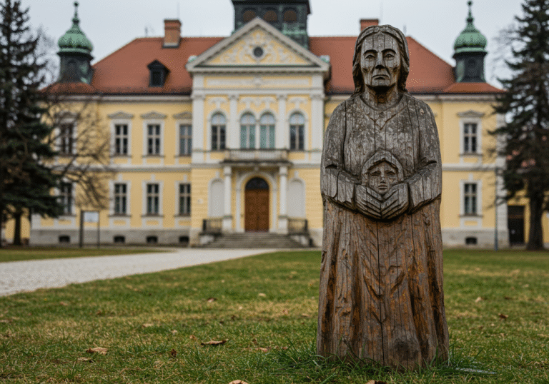 A weathered wooden statue, a memorial dedicated to 'Mačkamama' (Paulina Hermann), stands on a patch of grass in an outdoor environment in Osijek, Croatia. The statue depicts a compassionate figure with visible wood grain and a slightly worn texture. In the background, the grand architecture of Vila Hermann, also known as Mačkamama dvorac, is partially visible. The scene is captured under natural daylight, emphasizing the quiet dignity of the monument and its historical surroundings.
