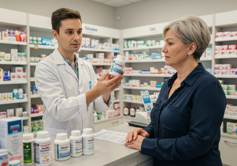 A wide shot inside a well-lit, modern pharmacy in Croatia. A professional-looking Croatian pharmacist, wearing a clean white coat, stands behind a counter, holding up a bottle of magnesium supplements while looking at a middle-aged female patient. On the counter, several diverse prescription medication bottles, representing common antibiotics and blood pressure drugs, are neatly arranged. The patient has a concerned and attentive expression, listening to the pharmacist's advice. Bright, even lighting illuminates the scene, highlighting the seriousness of the discussion. Shelves with various over-the-counter products are blurred in the background.