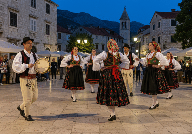 Members of Kulturno-umjetničko društvo Izvor from Vinkovci, wearing vibrant authentic Croatian national costumes, perform a traditional folk dance on Kačićev trg in Makarska, Croatia. One person plays a tamburica while others dance gracefully. The scene is set in the evening with soft, natural light, highlighting the intricate details of the costumes and the festive atmosphere. Historic Croatian architecture frames the background of the bustling square.