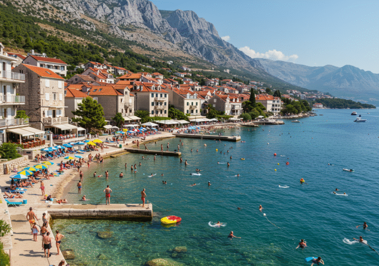 A bustling wide shot of a vibrant summer scene on the Makarska Riviera coastline in Central Dalmatia, Croatia, during a sunny August afternoon. Numerous people are enjoying the clear blue waters of the Adriatic Sea, swimming, sunbathing on crowded beaches, and strolling along lively promenades. Densely packed hotels and private accommodation buildings with typical Croatian coastal architecture line the waterfront. The atmosphere is energetic and popular, reflecting the peak tourist season.