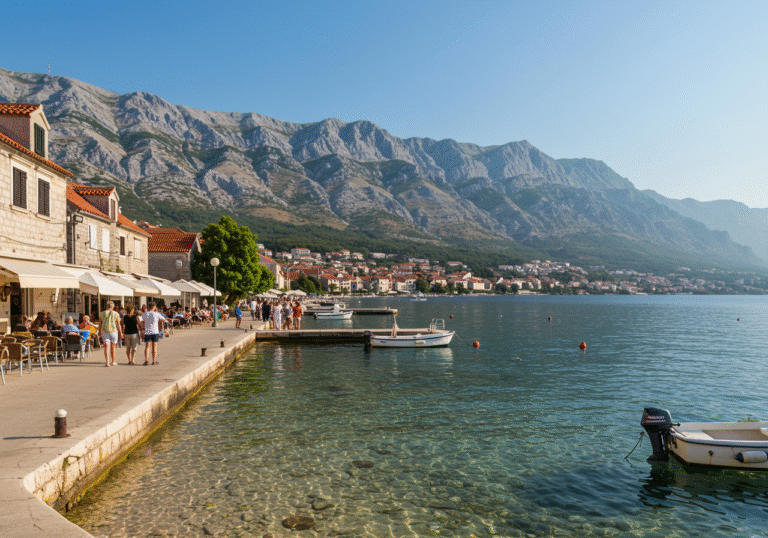 A bright summer morning in July on the Makarska Riviera, Croatia. The scene captures a view of the clear Adriatic Sea with the dramatic Biokovo mountain range rising in the background. Along the sunlit coastal promenade of a town such as Tučepi or Makarska, a moderate number of tourists are enjoying the pleasant weather; some walk leisurely, while others are seated at outdoor cafe tables. Small boats are visible near the shore, gently swaying in the harbor. The atmosphere is relaxed, with a comfortable level of activity that reflects the mixed and nuanced tourist season.