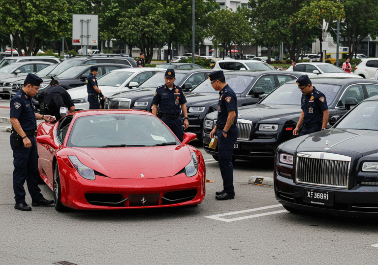 Midday sun illuminates an outdoor scene in Malaysia, where uniformed Malaysian enforcement officers are actively conducting 'Operation Luxury.' Several high-value luxury cars, including a bright red Ferrari and a dark Rolls-Royce, are parked on a paved inspection area. Officers in professional enforcement uniforms are seen examining vehicle documents and securing the vehicles. The atmosphere is orderly but purposeful, conveying an official action to enforce traffic and financial regulations. Other luxury vehicles are visible in the background, suggesting the large scale of the operation.